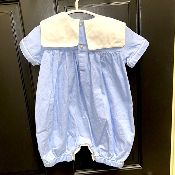 Monday’s Child Blue Corduroy Bubble Romper w/ White Peter Pan Collar 18m - Picture 2 of 5